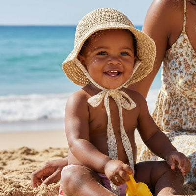 chapeau bebe beige maman plage mer