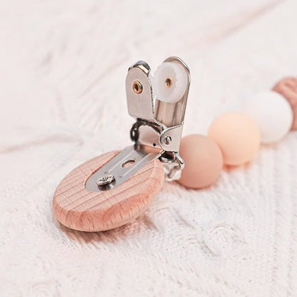 clip tetine bebe avec perles en bois inoxidable