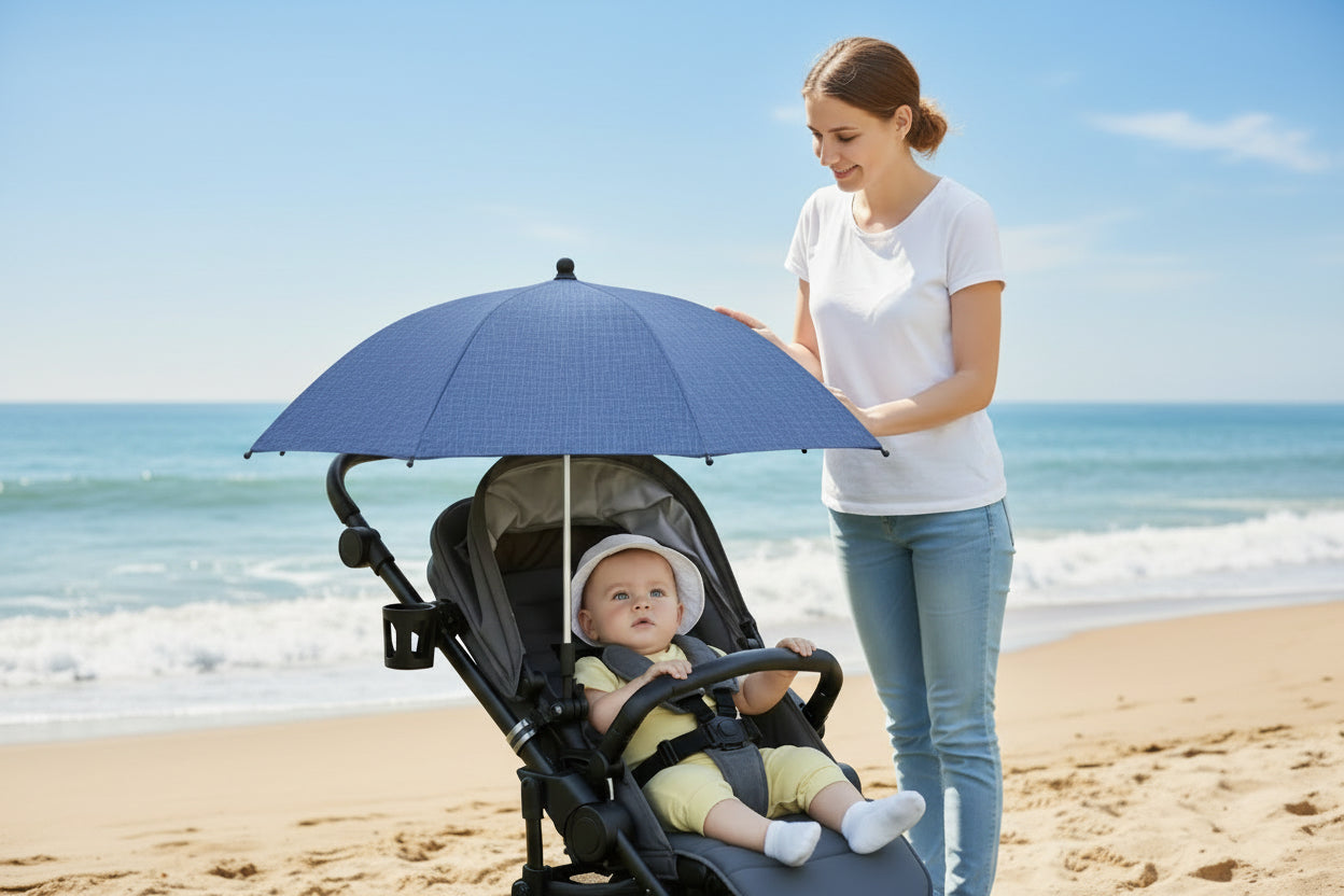 plage maman bebe ombrelle pour poussette protection universelle